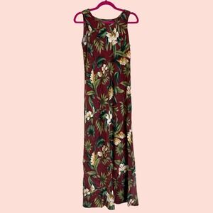 Tropical Floral Maxi Dress Burgundy Sleeveless Hawaiian Resortwear Column Dress